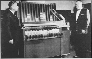 Harry Guinivan, Chief of BPR's Data Processing Branch, and Rex Brown, Clief, Operations Section, Data Processing Branch, demonstrate new transistorized card-sorter machine, the first made availible to the Federal Government.