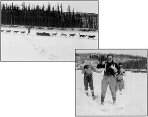 Winter road crossing of the Sikanni Creek River by dogsled (top), eating frozen grapefruit juice and mushing down the Minsker River (bottom).