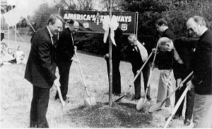 Virginia Secretary of Transportation John G. Milliken (left) and Administrator Thomas D. Larson (second from left) join in the kickoff for America's TreeWays, a national tree-planting effort.