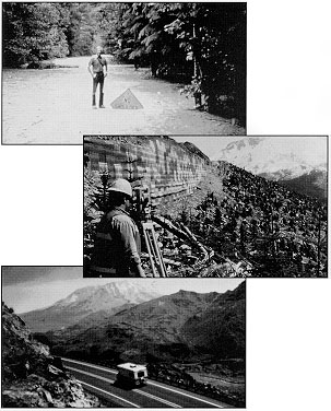 Eruption of Mount St. Helens fills right-of-way with volcanic ash (top). Surveying an alignment for reconstruction of State 504 - note Mount St. Helans in the background (center); and completed reconstruction project.