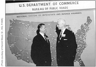 PHOTO: Interim Aministrator John A. Volpe and (incoming) Aministrator Bertram Tallamy at the 1957 ARBA Road Show.