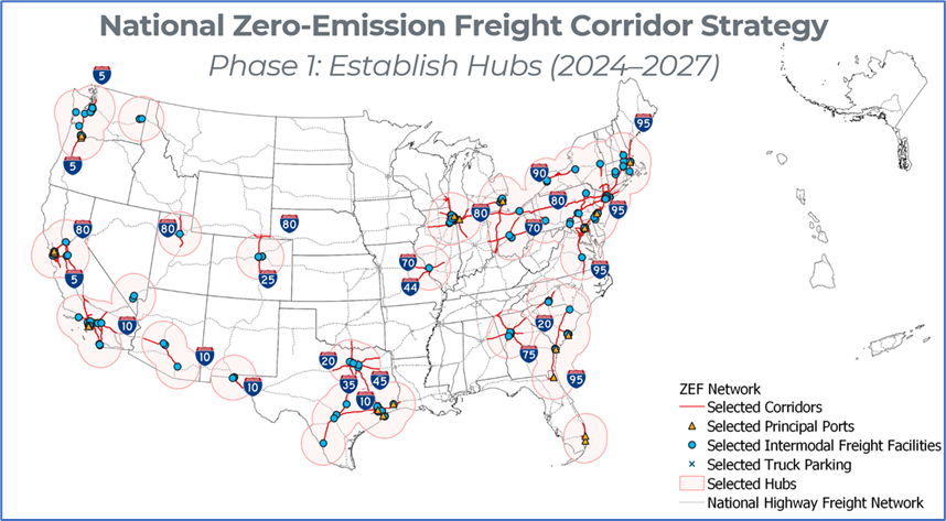 Map of National Zero-Emission Freight Corridor Strategy, Phase 1: Establish Hubs (2024-2027)