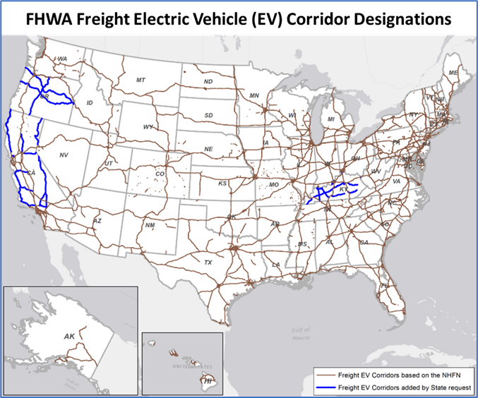 Map of the United States showing major highways that have been designated as Freight EV Corridors. Most of the highways are part of the National Highway Freight Network, which was the preliminary designation.