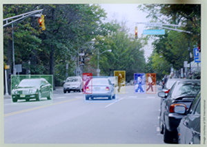 Cars at an  intersection line up at a stop light as pedestrians walk on a crosswalk. Boxes are overlaid on the photograph to demonstrate object tracking.