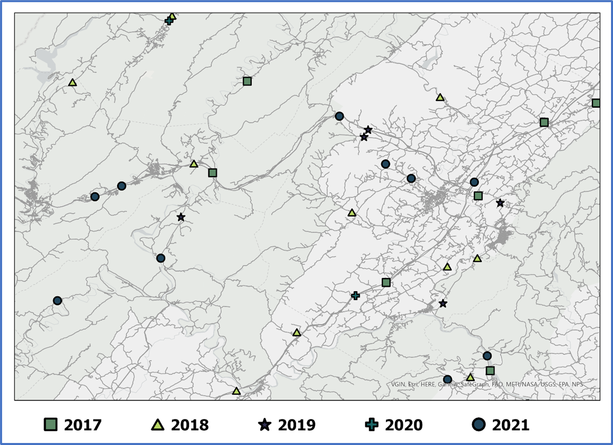 Map showing fatal roadway departure crash locations