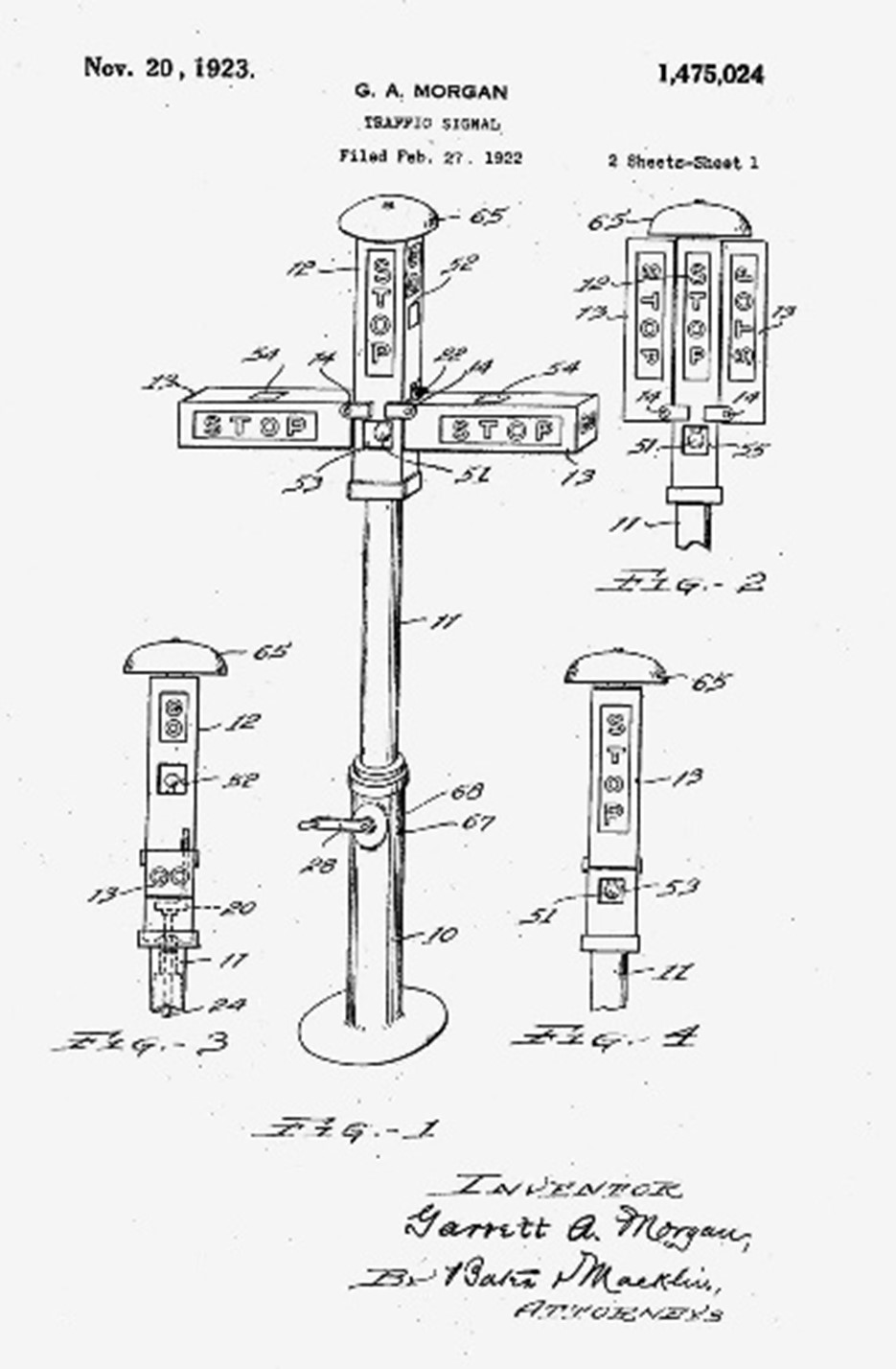 Diagram of a T-shaped traffic signal dated November 20, 1923.