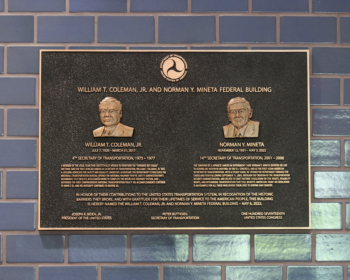 The plaque that was unveiled during the naming ceremony. It contains images of William T. Coleman, Jr. and Norman Y. Mineta.