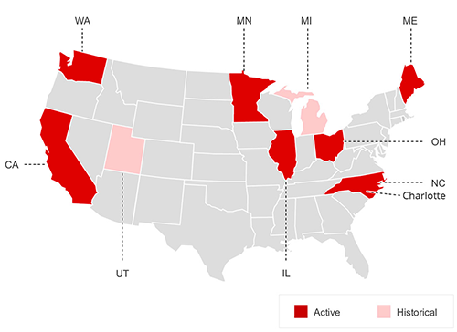 US Map showing states partifipating in the HSIS program as shown in the following table.