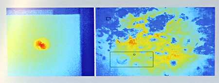 Thermographic Bridge Coating Inspection: Nondestructive evaluation and sensor technologies enable understanding of infrastructure condition and performance. The thermographic technique is used to identify in situ effects or subsurface corrosion as shown in these images from a flat plate (left) and a gusset plate (right). 