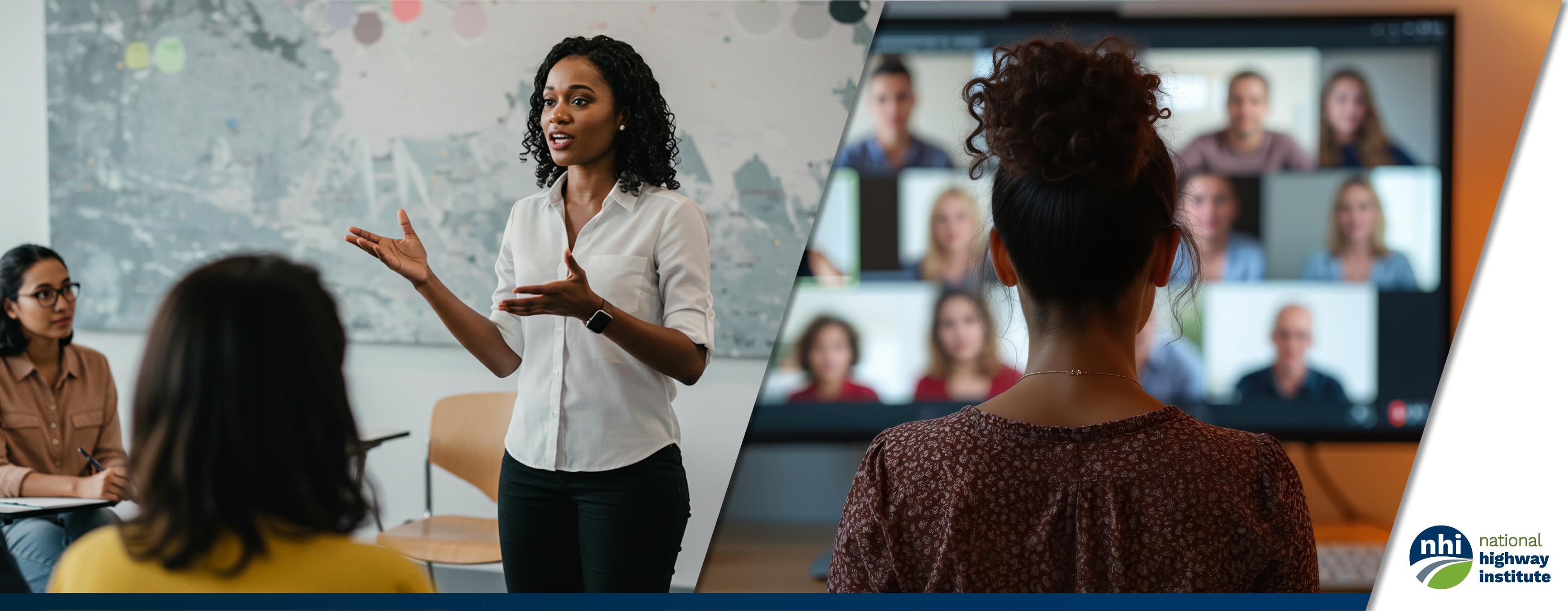Collage of a woman teach in a classroom with adult students and a woman in front of her monitor on a virtual call.