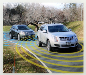 Two cars following each other on a road encircled with illustrated ripples, indicating that they are connected automated vehicles.