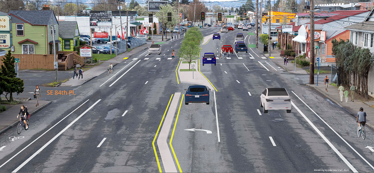 Rendering of improvements to Portland's SE Division Street: bikes lanes on each side, a crosswalk, and a median strip with dedicated left turn lanes. ​​   ​