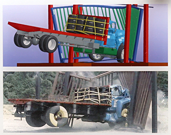 A three-dimensional model graphic and associated photograph of an actual flatbed truck crashing into a fencing structure.