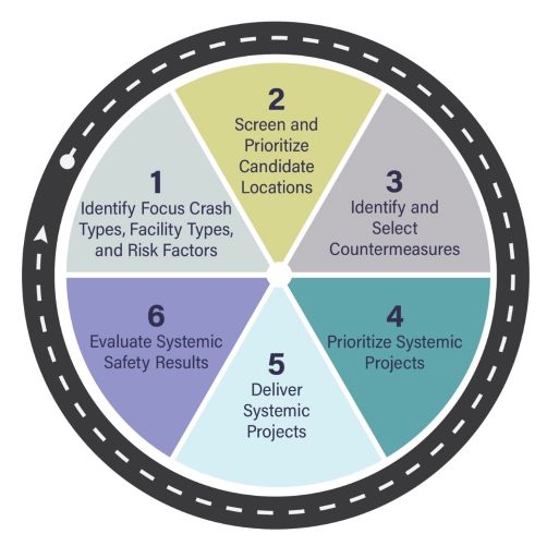 Wheel showing the six steps of the systemic safety application process