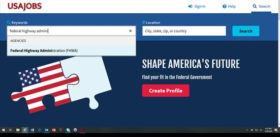 screenshot from the USA JOBS site showing a search for FHWA jobs
