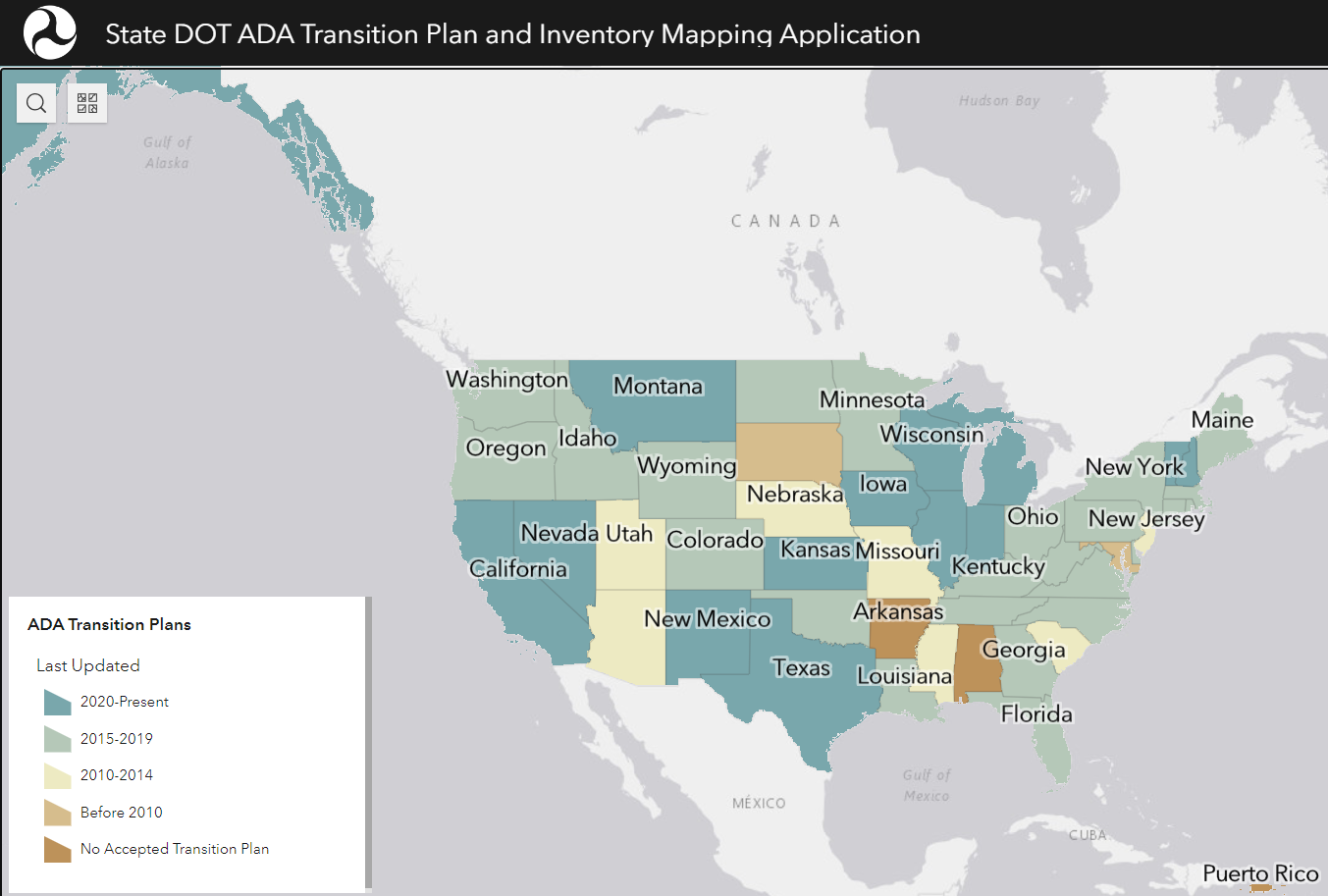 screen capture of the State DOT ADA Transition Plan and Inventory Mapping Application, showing map of the United States, with states labeled and color-coded to represent when their ADA Transition Plan was last updated