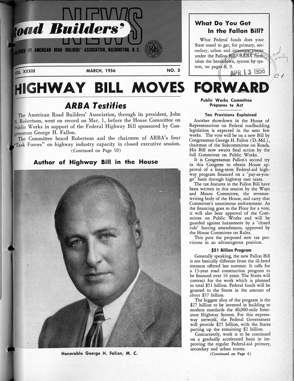 The first page of the March 1956 issue of the American Road Builders News with a photo of George H. Fallon