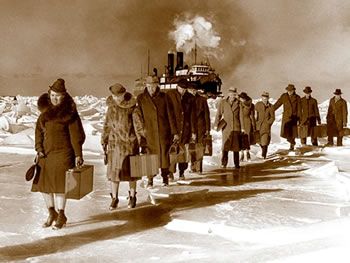 Passengers disembarking from the Michigan State Ferry in winter.