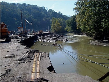 Damaged U.S. 40 washed out from 2004 Flooding near Lansing.