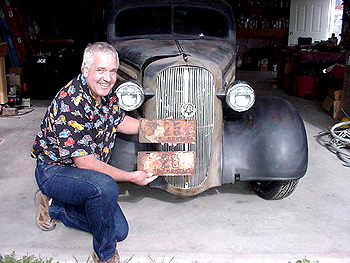 Steve Hachenberger shows the historic 1936 plates in front of his 1936 Chevrolet 5-Window Master Coupe, May 2008. Photo, courtesy of Steve Hachenberger.