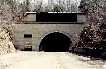 West portal of the Sideling Hill Tunnel. Note the snow removal so that the area could be used.