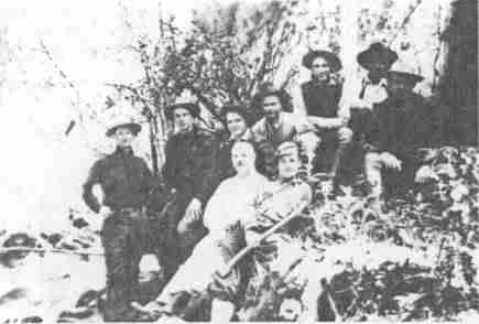 Klamath river, Calif., Engineering Crew 1921: Upper (L-R): Jack Obermueller (1st Project Engineer on Contract Construction in the Region), Henry Garber, Monty Potter, Eric Erhart, Julius Brannan, J. Patterson, Guy McMurtry Lower: Dan O'Leary, C. Horn