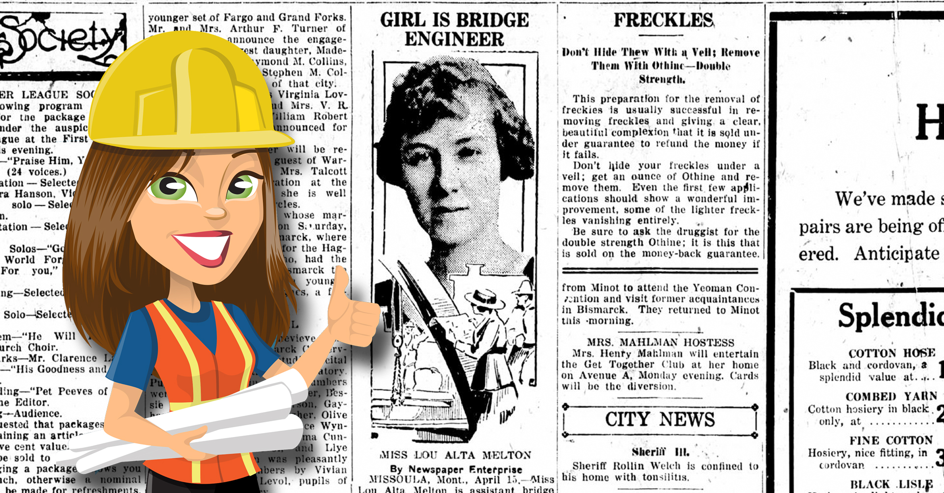 Color illustration of a female construction worker posing in front of newspaper article about Lou Alta Melton