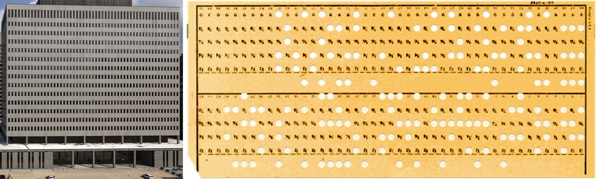 The George H. Fallon Federal Building pictured next to an IMB punch card to illustrate the comparison of the two.