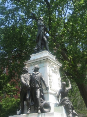 Lafayette Square across Pennsylvania from the White House is named after the Marquis de Lafayette, depicted atop this statue, who joined with George Washington during the Revolutionary War. When Lafayette returned from his native France in 1825, he was greeted as a returning hero and honored with a parade along Pennsylvania Avenue.