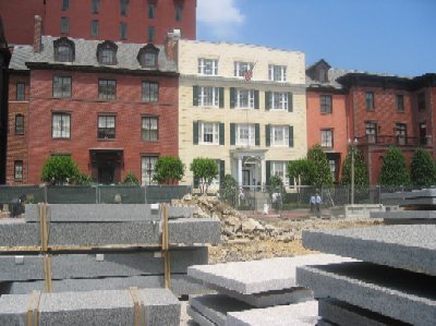 Blair House, the white building seen across the Pennsylvania Avenue construction zone, is operated by the Department of State as a residence for visiting foreign visitors. It was built in 1824. In 1950, a gun battle erupted on Pennsylvania Avenue in front of Blair House when Puerto Rican nationalists attempted to assassinate President Harry Truman. The gun battle on Pennsylvania Avenue left one of the would-be assassins and a White House guard dead. The President was unharmed.