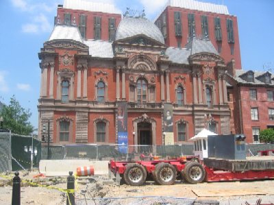 The Renwick Gallery of the Smithsonian Institution remains open during reconstruction of Pennsylvania Avenue. The entrance of the Renwick Gallery is at the corner of 17th Street.