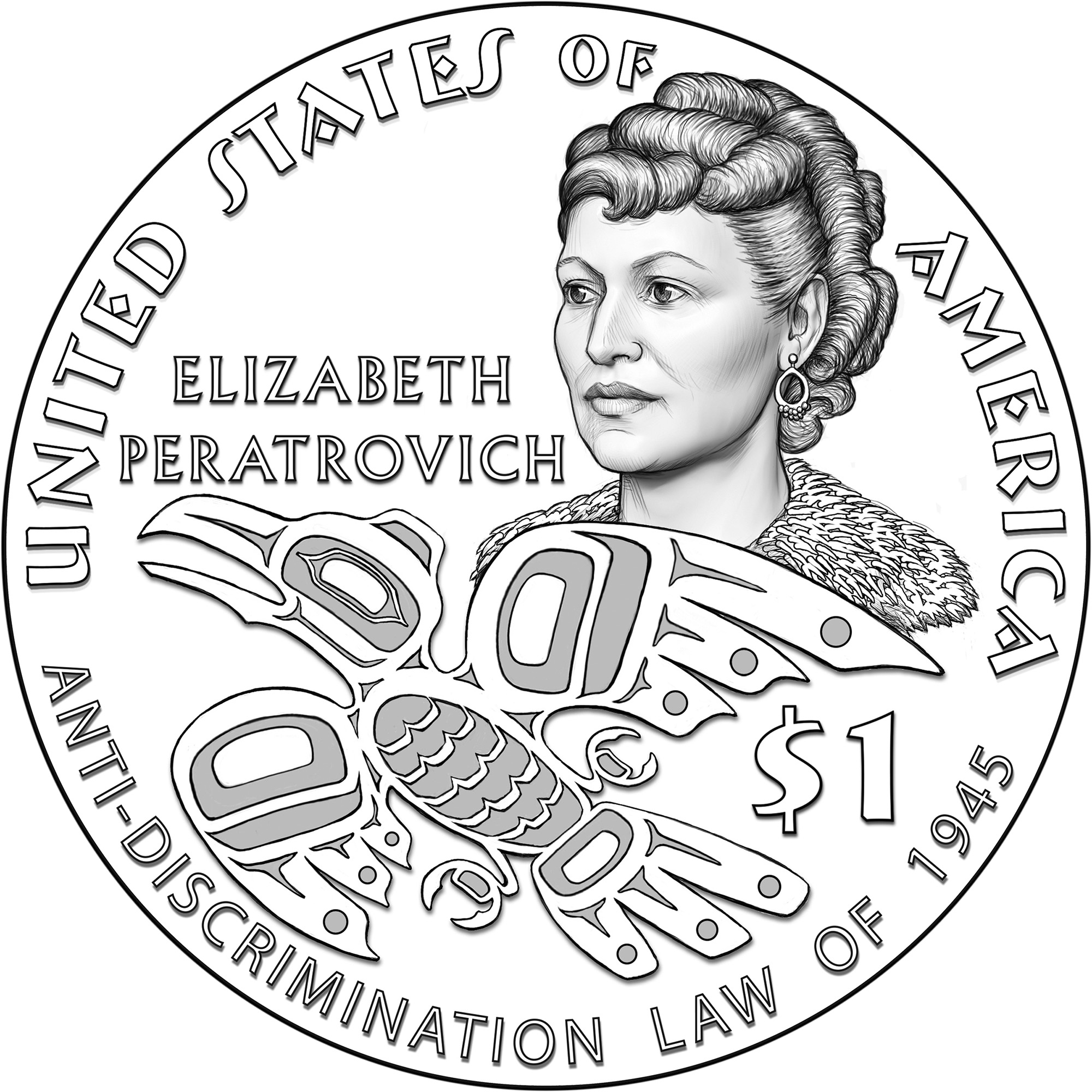 In February 2020, the U.S. Mint will release five million $1 coins commemorating the Anti-Discrimination Law of 1945, and feature Elizabeth Peratrovich. Credit: U.S. Mint.