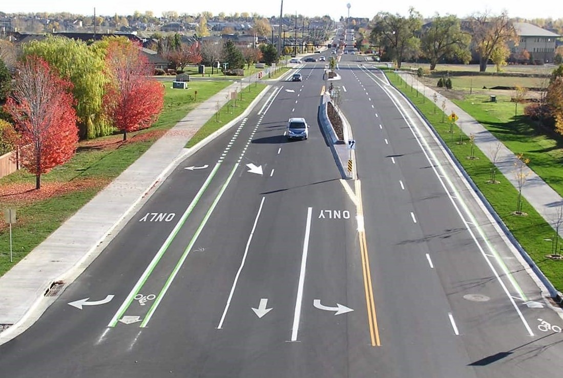 "Left- and right-turn lanes at a two-way stop-controlled intersection."